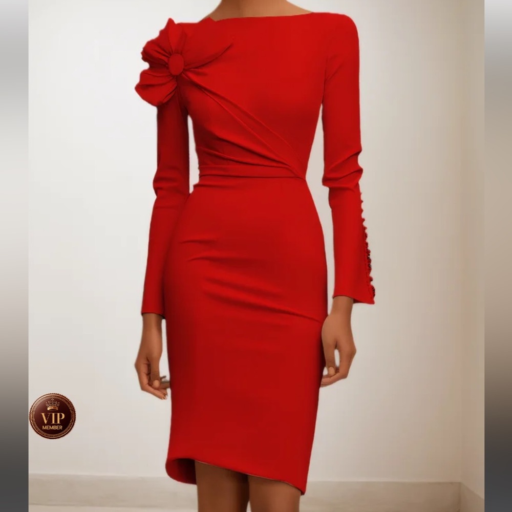 Red bow 3D flower long sleeve pageant interview dress large